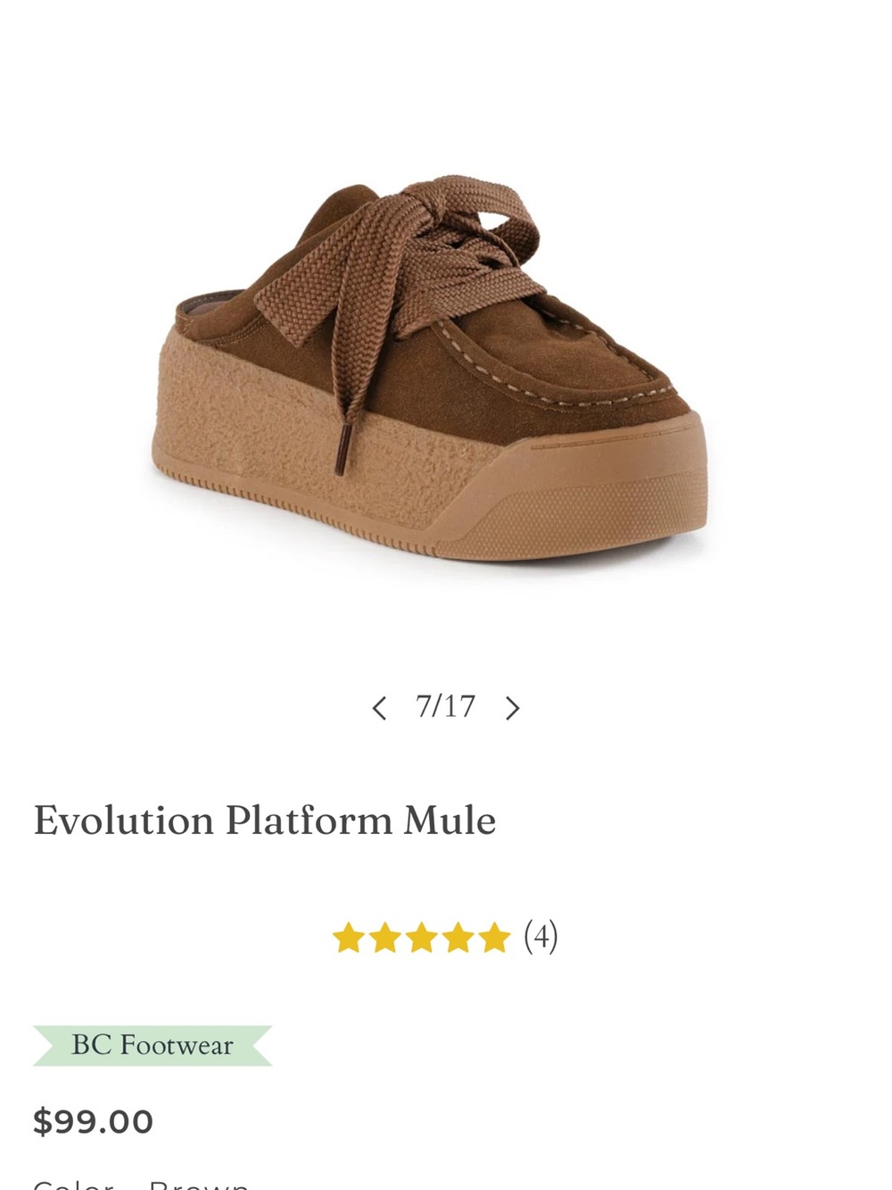 BC Footwear Brown Suede Platform Mule with Wide Laces